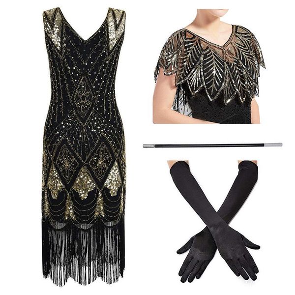 casual dresses gatsby vintage bridal dress 1920s sequin long fringed paisley flapper cocktail beaded with 20s accessories set, Black;gray